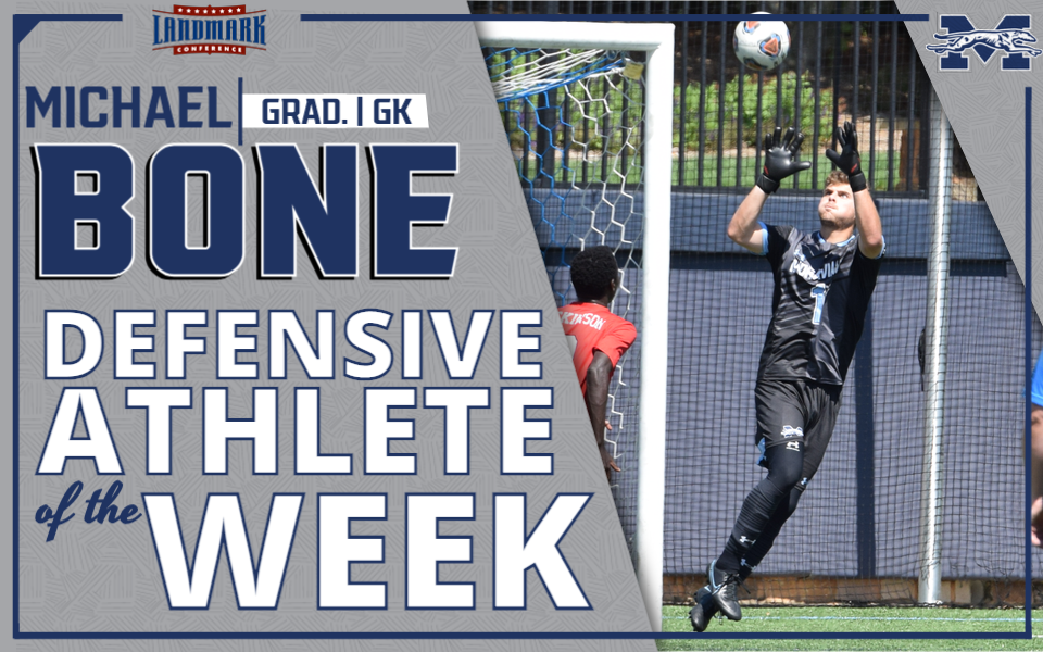 Michael Bone making a save versus Dickinson for Landmark Conference Athlete of the Week honors
