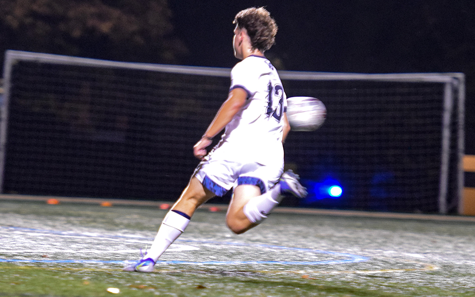 Junior Alex Daniele runs to catch up with the ball in the first half versus Penn State Abington on John Makuvek Field for his first career goal. Photo by Avery Saladino '24