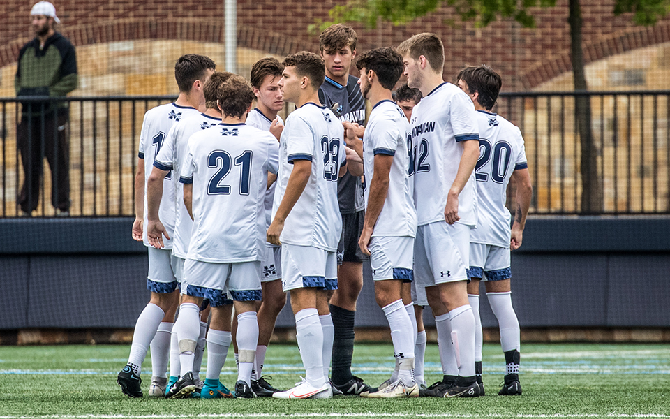 The Greyhounds get set for the second half of a match versus Susquehanna University at John Makuvek Field earlier in the 2022 season. Photo by Cosmic Fox Media / Matthew Levine '11
