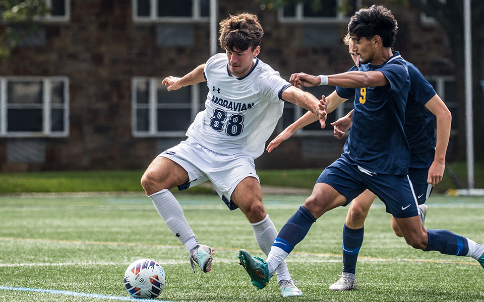 Junior forward Ben Scary makes a move with the ball versus Wilkes University on John Makuvek Field. Photo by Cosmic Fox Media / Matthew Levine '11