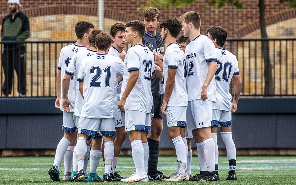 The Greyhounds get set for the second half of a match versus Susquehanna University on John Makuvek Field during the 2022 season. Photo by Cosmic Fox Media / Matthew Levine '11