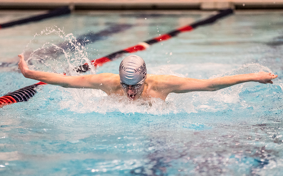 Freshman Evan Bulette swims in the 100 butterfly in a double dual meet with Goucher College and Susquehanna University at Liberty High School's Memorial Poll. Photo by Cosmic Fox Media / Matthew Levine '11