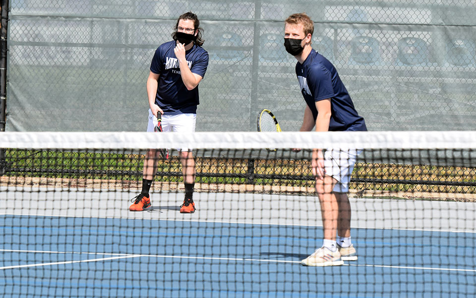 Seniors Sean Kearns and Mason Hudnall during doubles action in a match versus Drew University on Hoffman Courts on March 27, 2021.