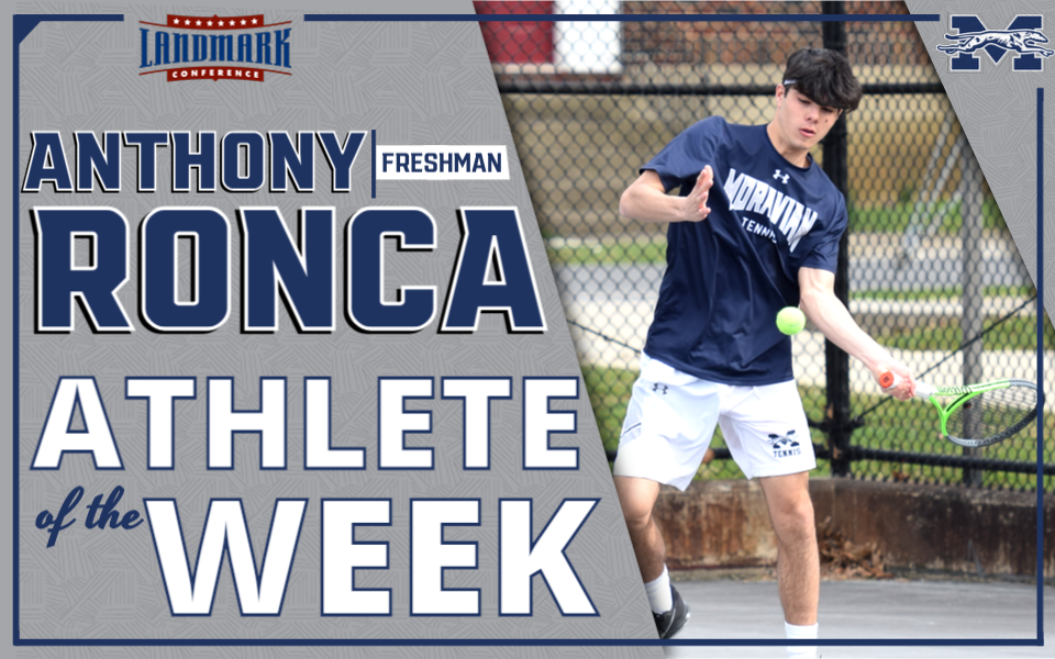 Anthony Ronca hitting a shot for Landmark Athlete of the Week graphic.
