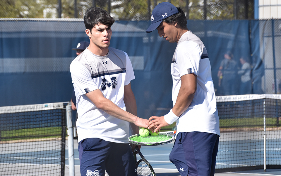 Junior Anthony Ronca and sophomore Shayaan Farhad during their first doubles victory versus Drew University at Hoffman Courts. Photo by Abby Smith '27