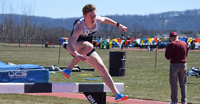 Greg Jaindl '20 competes in the 3,000-meter steeplechase at the Lafayette 8-Way Meet in March 2018.