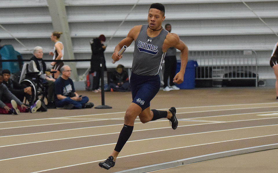 Junior Justin Beasley-Turner competes in a relay race at the Lehigh University Fast Times Before Finals.