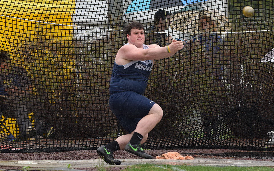 Junior Ryan Harper competes in the hammer throw during the Coach P Invitational at Timothy Breidegam Track.