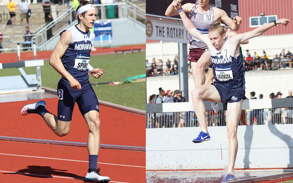 John Spirk runs in the 400-meter hurdles and Greg Jaindl comes over the water jump in the 3,000-meter steeplechase at the 2019 NCAA Division III Outdoor National Championships. Photos by D3photography.com.