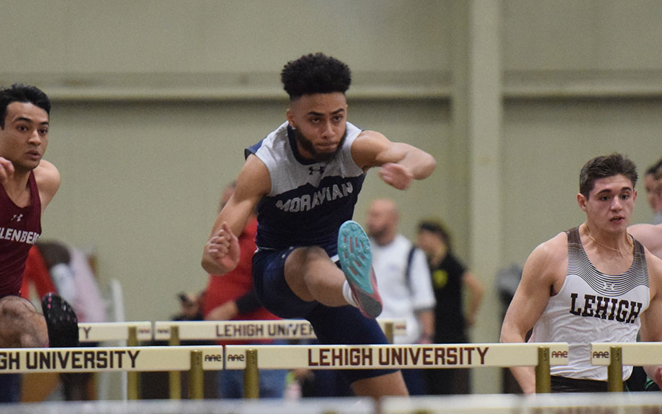 Senior Nicholas Cephas competes in the 60-meter hurdles during the Moravian Indoor Meet at Lehigh University's Rauch Fieldhouse.