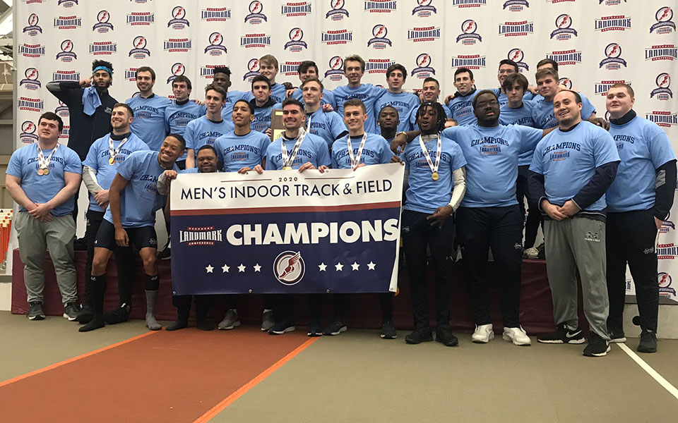 The Greyhounds after winning their 11th straight and 12th overall Landmark Conference Indoor Championship at Susquehanna University.
