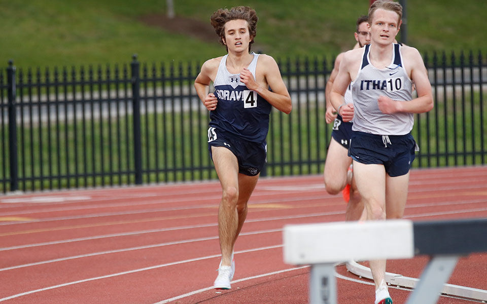 Shane Houghton '22 heads for the water jump during the 3,000-meter steeplechase at the 2021 All-Atlantic Region Outdoor Championships hosted by St. John Fisher (N.Y.) College. Photo courtesy of Wyatt Eaton, Elizabethtown College Athletic Communications.