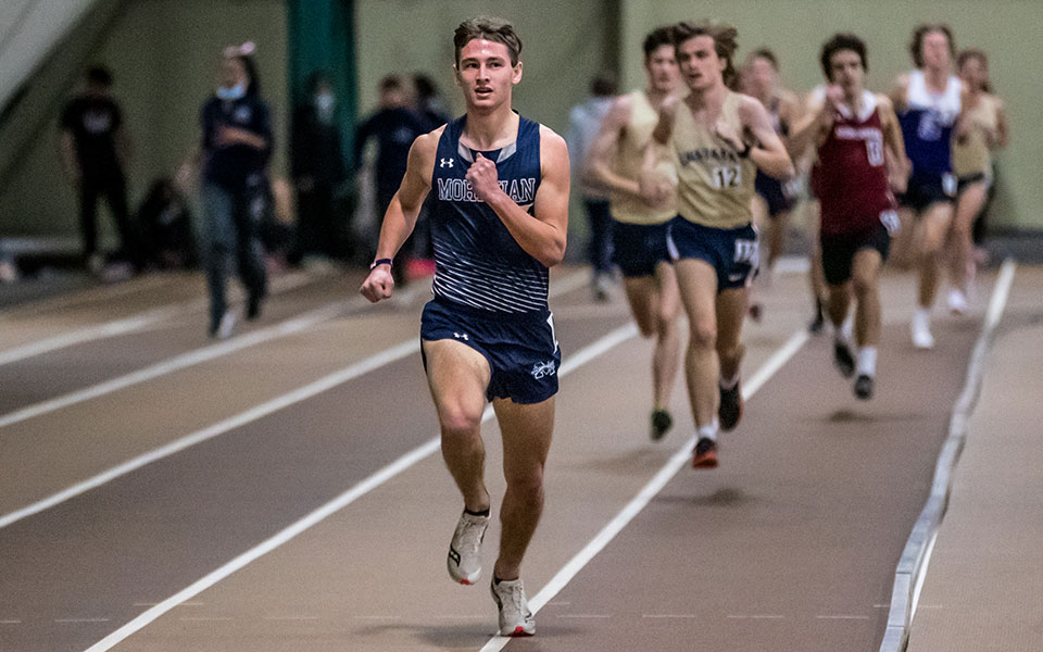 Sophomore Brendon Ward comes in to the finish line during the Moravian Indoor Meet at Lehigh University's Rauch Fieldhouse. Photo by Cosmic Fox Media / Matthew Levine '11