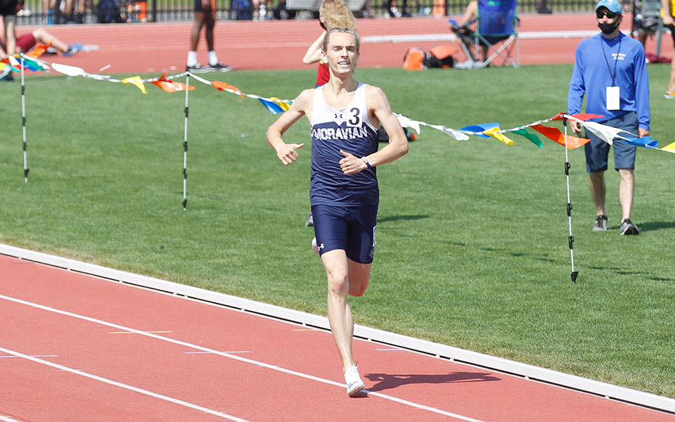 Graduate student Peter Gingrich runs at the 2021 All-Atlantic Region Outdoor Track & Field Championships. Photo by Wyatt Eaton, Elizabethtown College Athletic Communications