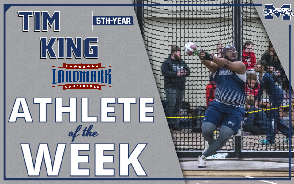 Tim King competing in weight throw for Landmark Conference Athlete of the Week graphic