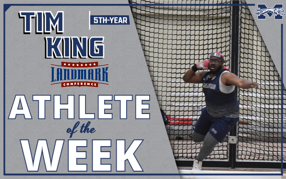 Tim King in the shot put for Landmark Conference Athlete of the Week graphic