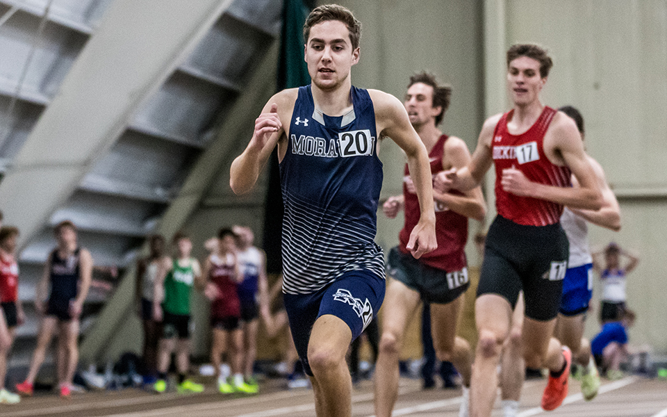 Sophomore Nathan Hajel runs in the 3,000-meter race at the Moravian Indoor Meet at Lehigh University's Rauch Fieldhouse. Photo by Cosmic Fox Media / Matthew Levine '11