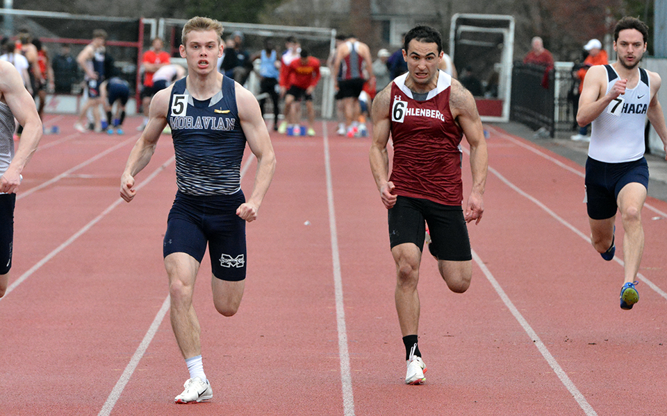 Sophomore Trevor Gray heads towards the finish line in the 100-meter dash at the Muhlenberg College Invitational. Photo courtesy of Muhlenberg College Sports Information
