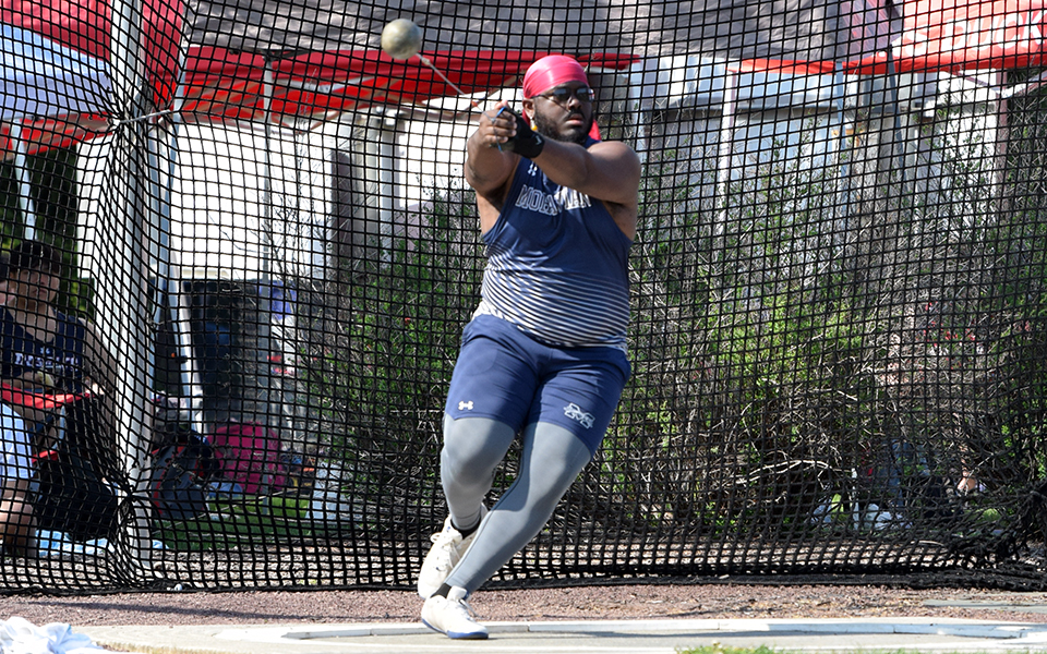 Graduate student Tim King competes in the hammer throw during the College Pollard Invitational this season at Timoty Breidegam Track.