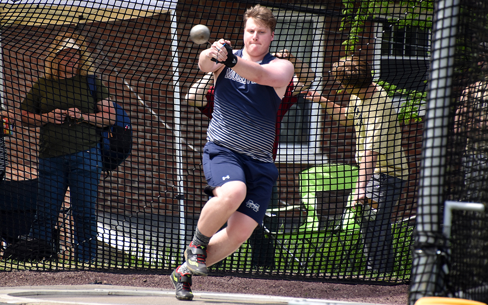 Junior Dan McNicholas competes in the hammer throw at the 2023 Landmark Conference Outdoor Championships a Timothy Breidegam Track as McNicholas won the title in the event. Photo by Christine Fox
