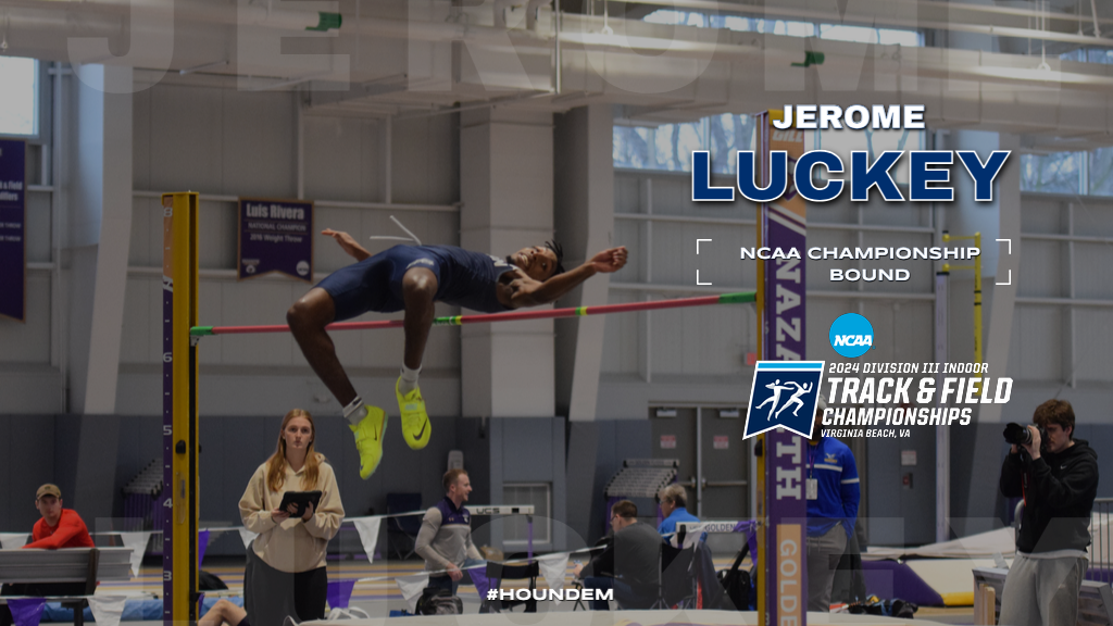 Sophomore Jerome Luckey clearing the bar in the high jump at the All-Atlantic Region Track & Field Conference Championships at Nazareth (N.Y.) College. Photo by Rylie Murphy