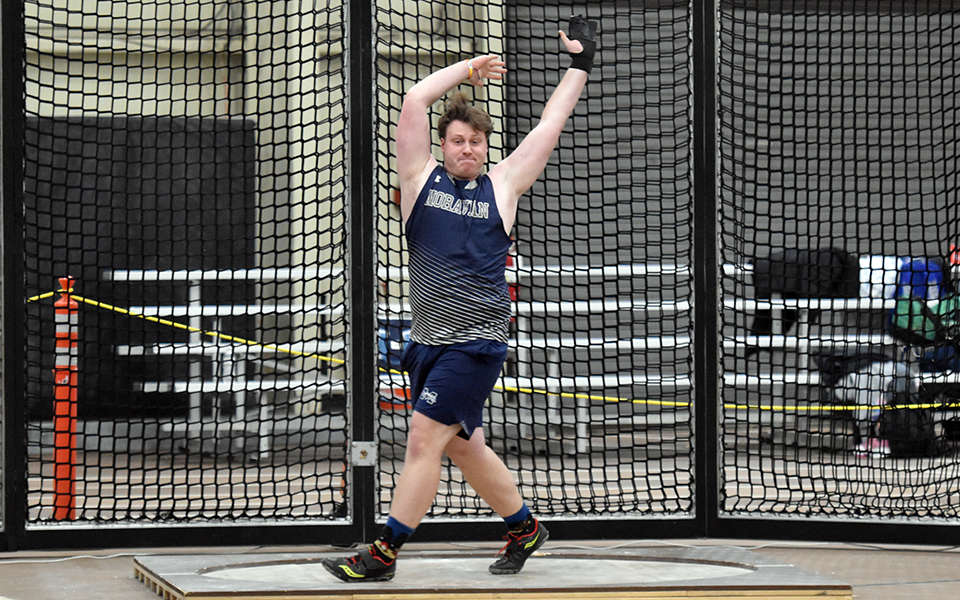 Senior Dan McNicholas competes in the weight throw at the Lehigh University Mountain Hawk Opener at Rauch Fieldhouse.