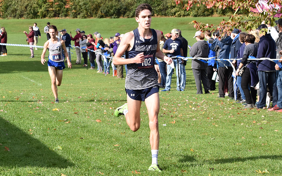 Senior Liam Duffy closes in on the finish line at the 2021 Landmark Conference Championships hosted by Moravian at Bicentennial Park.