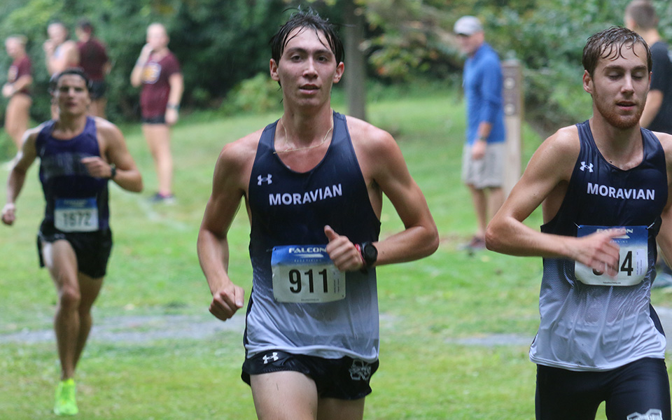 Sophomore Nate Moore and senior Nathan Hajel run in the Lebanon Valley Invitational at Union Canal Tunnel Park. Photo courtesy of Lebanon Valley College Athletic Communications.