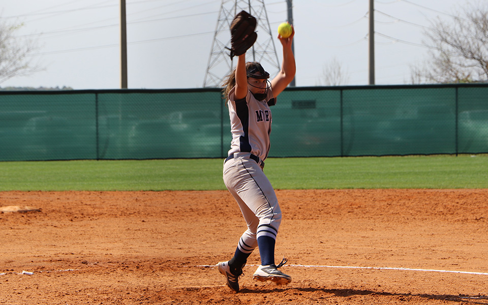 Freshman Alexandria Scheeler delivers a pitch versus Emmanuel (Mass.) College at the Spring Games in Clermont, Florida.