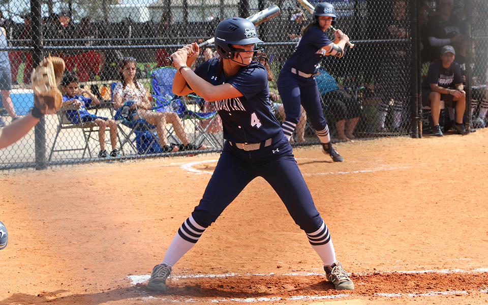 Senior Kat Spilman waits for a pitcher versus Lebanon Valley College in the Spring Games at the National Training Center in Florida.