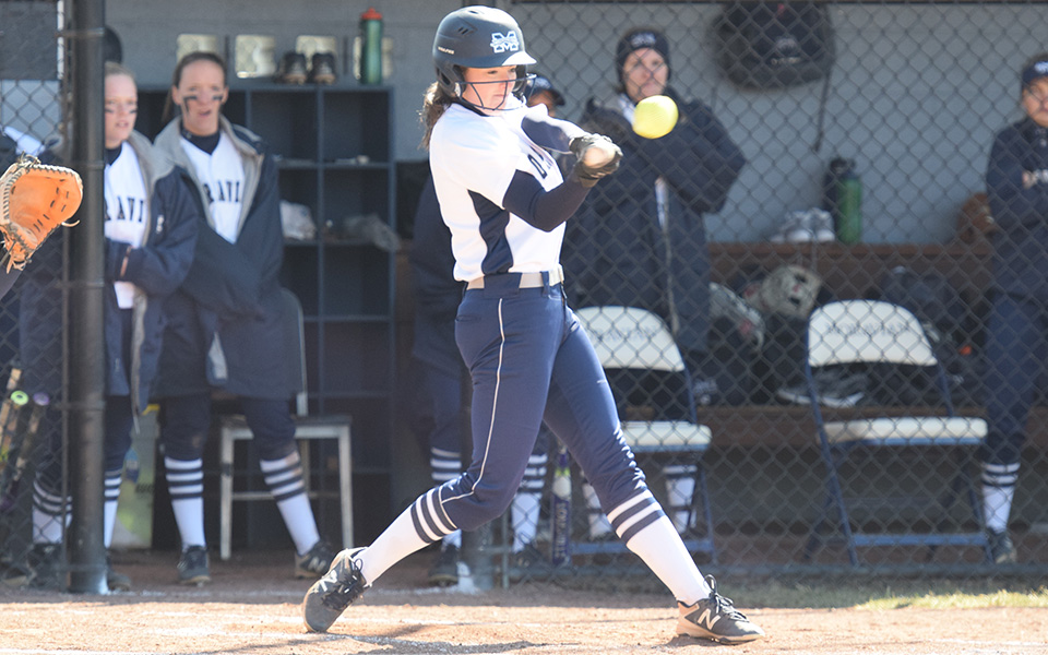 Junior Lauren Goetz connects with a pitch during a game versus Penn State Berks at Blue & Grey Field.