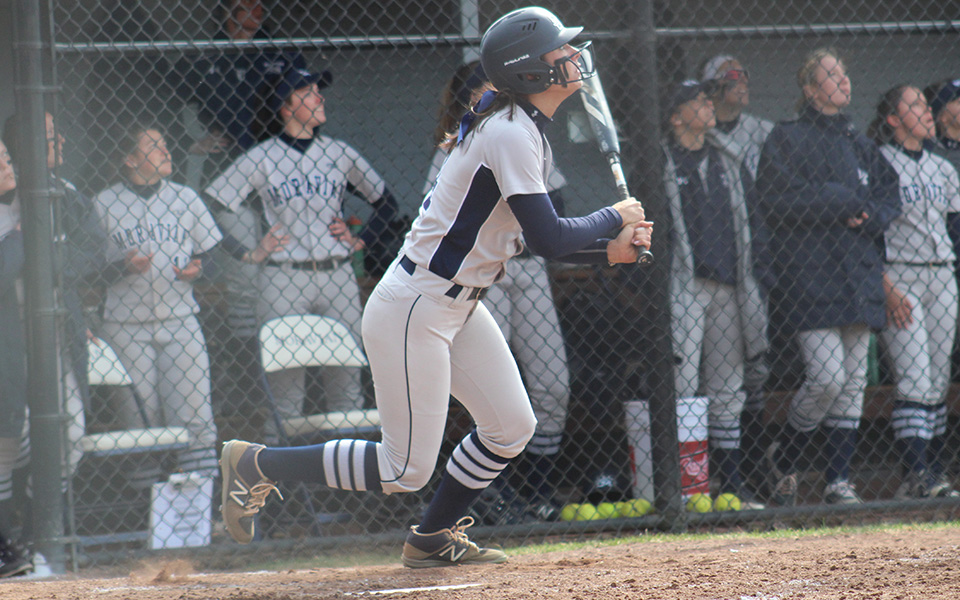 Senior Kat Spilman watches the ball after connecting on her second home run of the season and 22nd of her career during the first game of a non-conference doubleheader versus Rutgers-Camden at Blue & Grey Field.