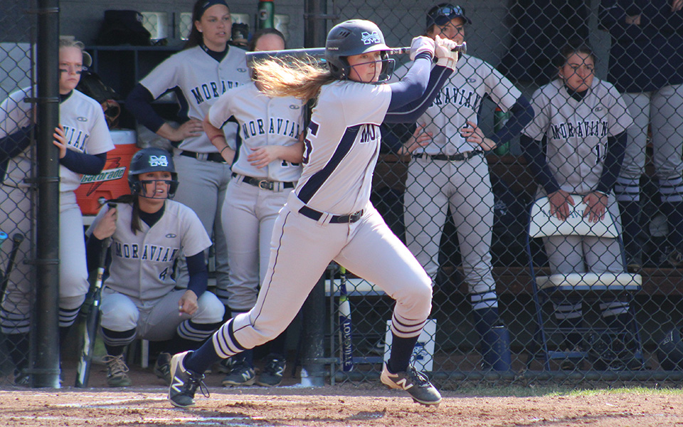 Junior Emily Stanilious connects for a hit in a non-conference game versus Rutgers-Camden at Blue & Grey Field.