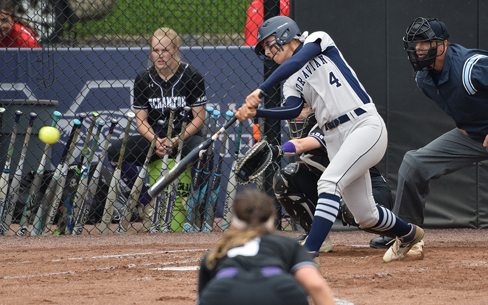 Senior Kat Spilman connects on a two-RBI single versus The University of Scranton in the 2019 Landmark Conference Tournament at Blue & Grey Field.