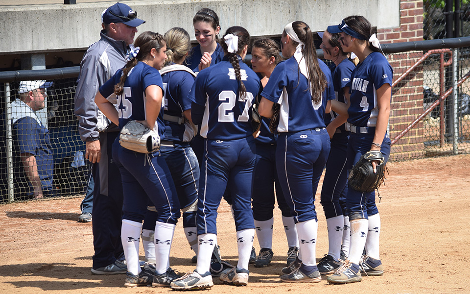 The Greyhounds talk between innings of the championship game at the 2018 NCAA Division III Ewing, New Jersey Regional versus Salisbury (Md.) University.