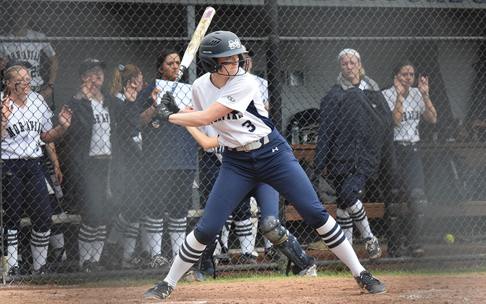 Senior Lauren Goetz gets ready to swing at a pitch during the 2019 Landmark Conference Tournament at Blue & Grey Field.