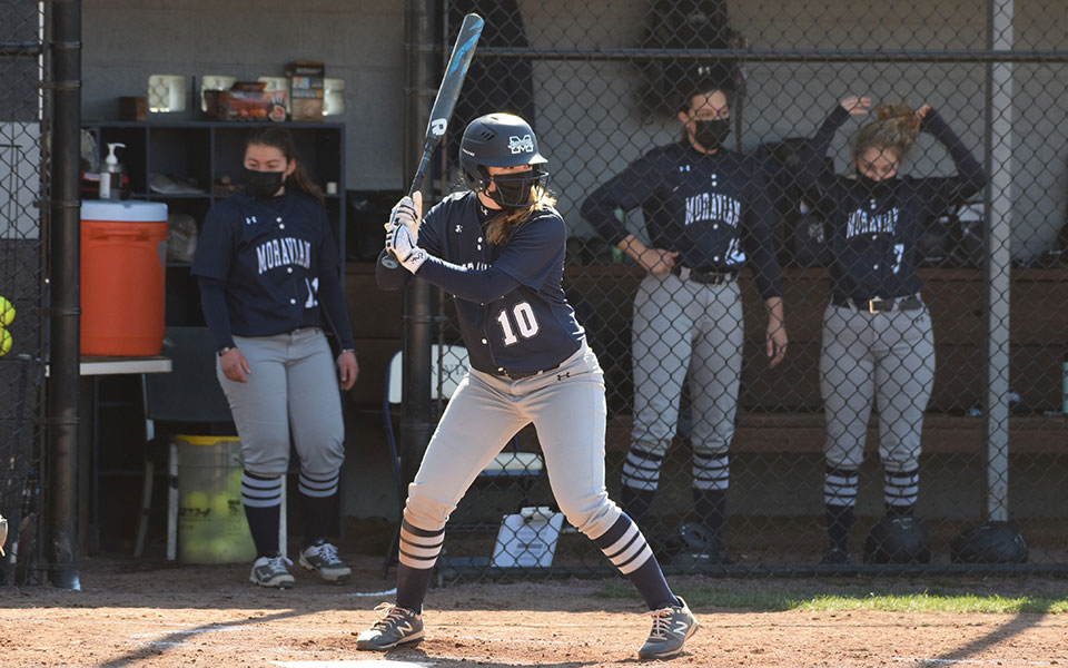 Alexis Agrapides '23 waits in the batters box for a pitch in the 2021 season opener versus Gwynedd Mercy University at Blue & Grey Field.