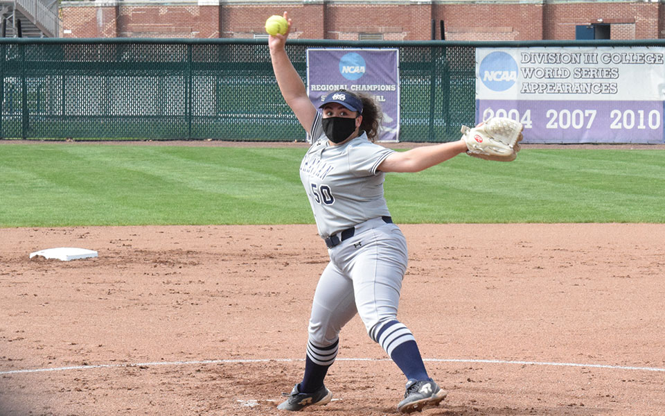 Madison Hummel '23 delivers a pitch during the opening game of a Landmark Conference doubleheader versus Drew University at Blue & Grey Field.