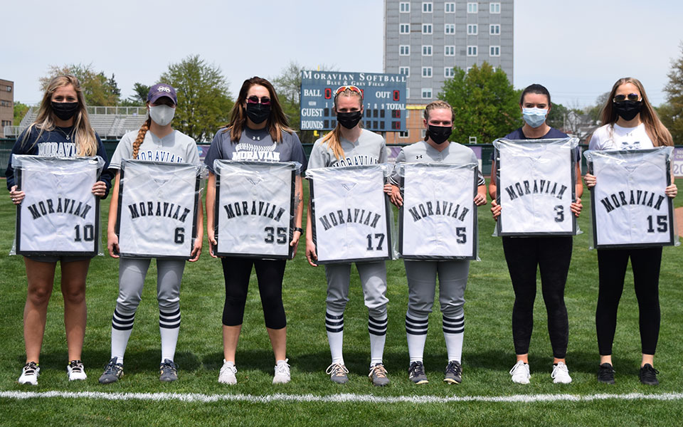 Prior to the first game versus Elizabethtown College on May 2, 2021 at Blue & Grey Field, the Greyhounds honored their three graduating seniors in the Class of 2021 – Meghan Bauer, Shannon Brogan and Maura Kane - as well as the four seniors in the Class of 2020 – Lauren Goetz, Paige Lesher, Samantha O’Keefe and Emily Stanilious – who missed out on Senior Day last spring as the pandemic cancelled the season after just 10 games.
