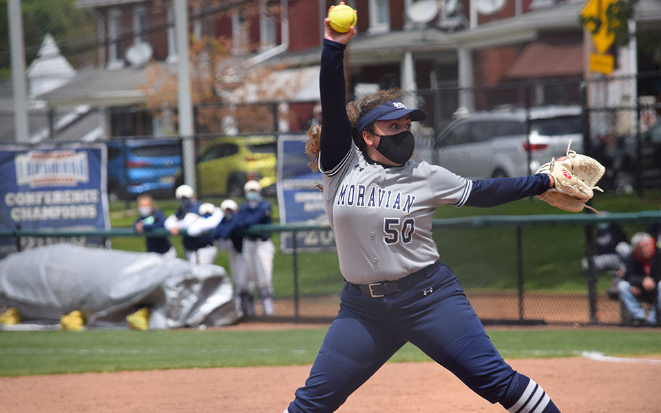 Madison Hummel '23 delivers a pitch versus Susquehanna University at Blue & Grey Field in the Landmark Conference Tournament Pod on May 8, 2021.