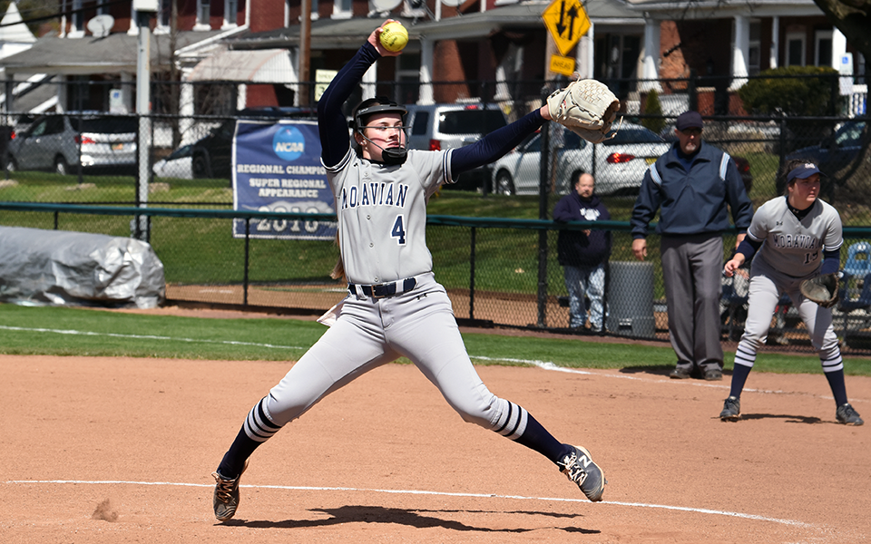 Freshman pitcher Madi Cunningham throws a pitch to the plate versus Haverford at Blue & Grey Field.
