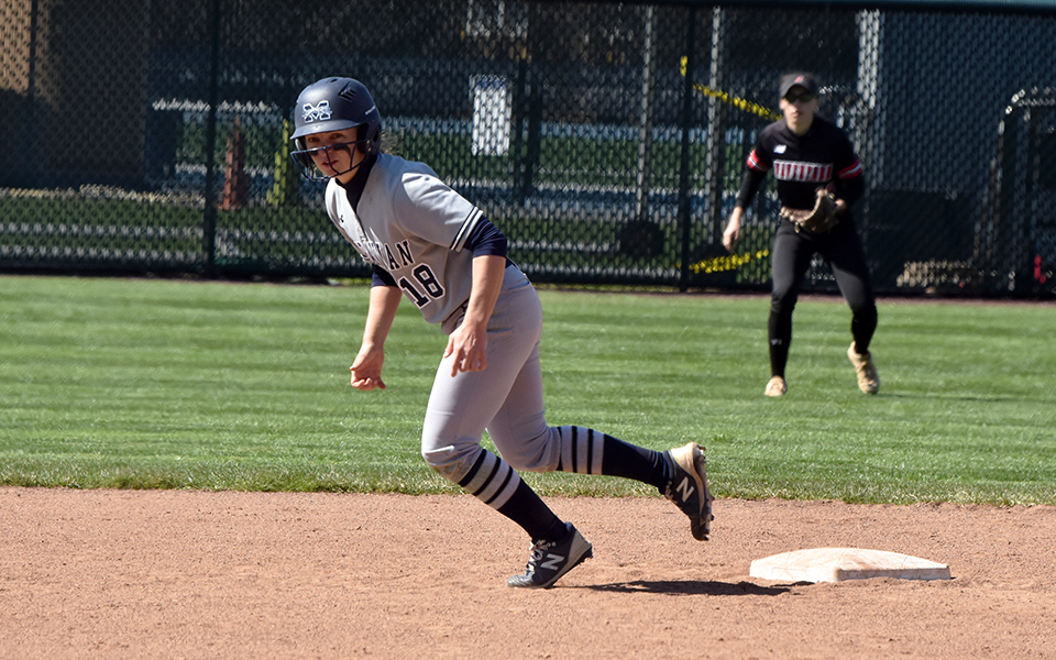 Senior Victoria Smith takes a lead of the bag after a pitch on Blue & Grey Field versus Haverford in non-conference action.
