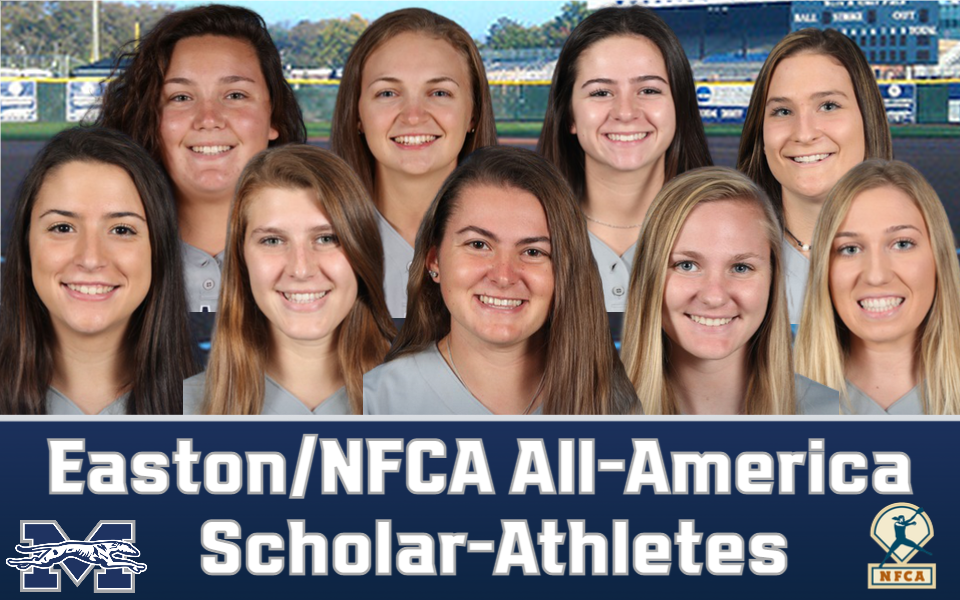 Head shots of nine moravian softball players named Easton/NFCA All-America Scholar-Athletes