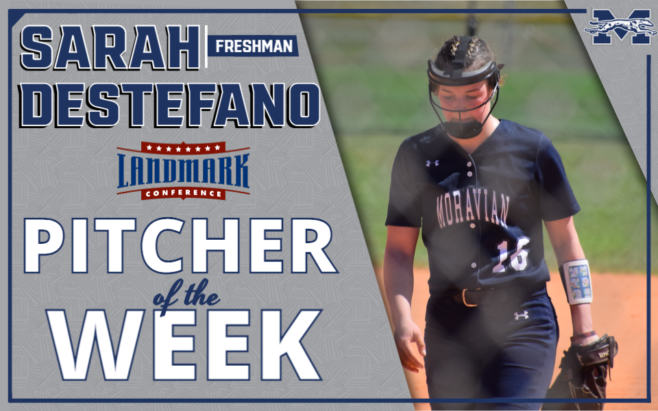 Sarah DeStefano in the circle for Landmark Conference Pitcher of the Week graphic