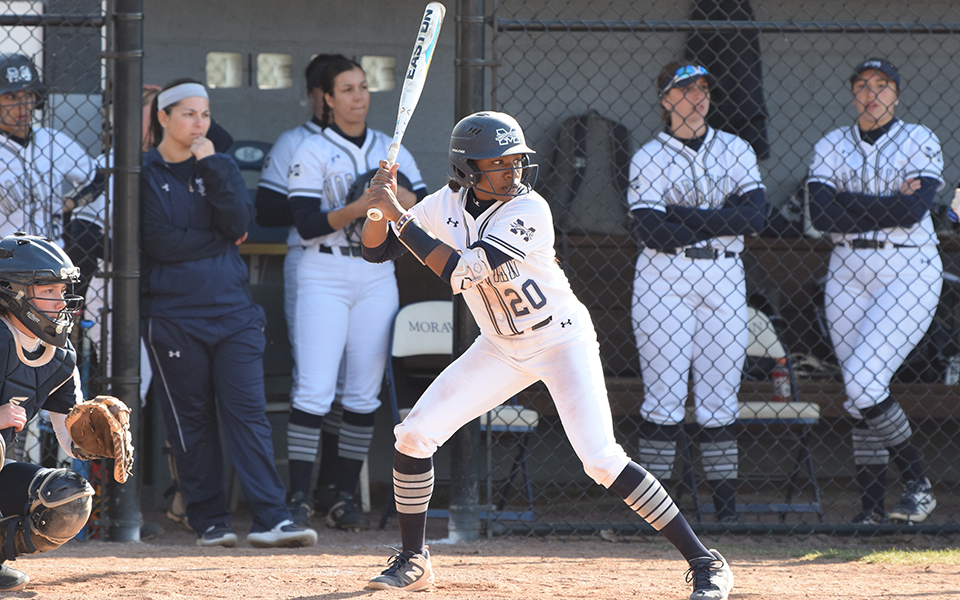 Junior shortstop Ajala Elmore waits for a pitch at the plate in a game versus Lebanon Valley College at Blue & Grey Field. Photo by Christine Fox