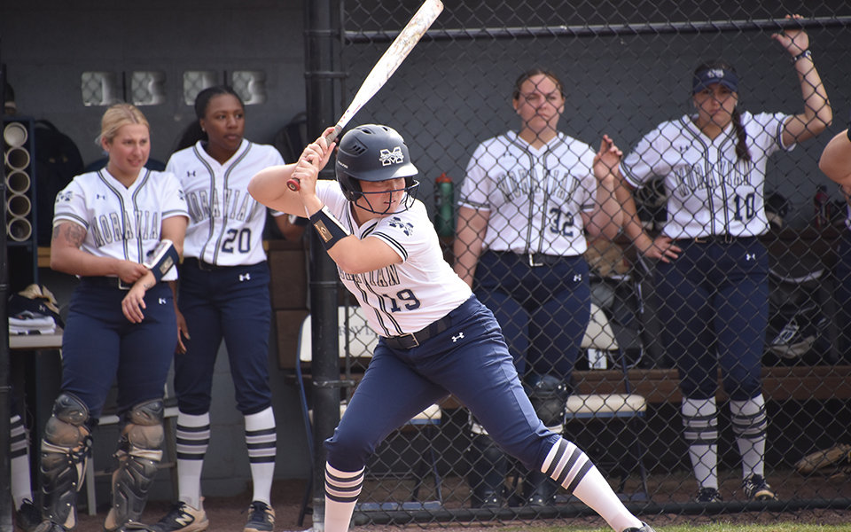 Sophomore first baseman Lindsey Gawrys set for a pitch in the batter's box in the opening game of a doubleheader with FDU-Florham at Blue & Grey Field. Photo by Christine Fox