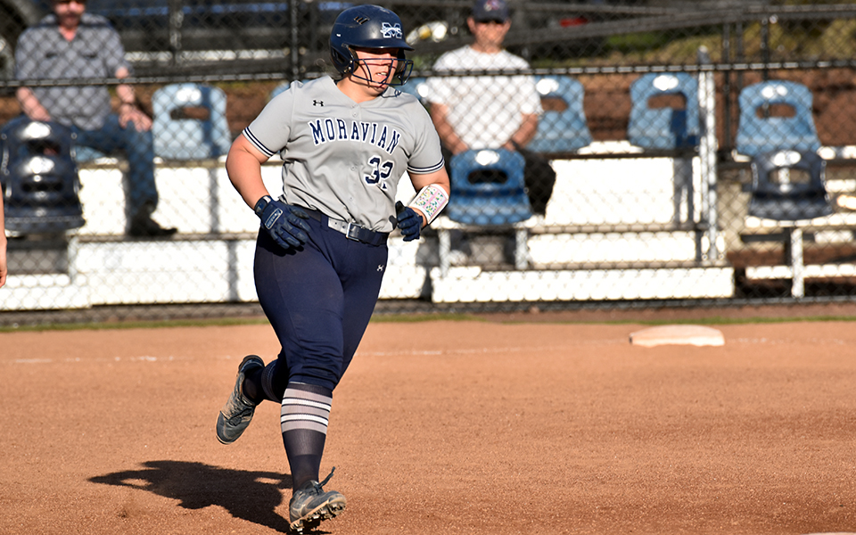 Freshman catcher Marcie Silberman rounds the bases after a go-ahead home run in the second game of the non-conference doubleheader at Blue & Grey Field versus Franklin & Marshall College.