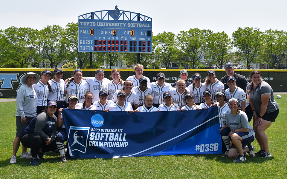 The 2023 NCAA Division III Medford (Mass.) Regional Champion Greyhounds after a 4-1, 8-inning win over host Tufts University. Photo by Ryan Fleming