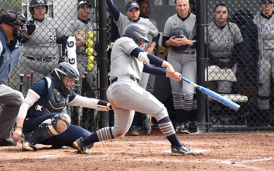 Junior catcher/outfielder Mya Zettlemoyer connects with a pitch in a game versus Juniata College at Blue & Grey Field. Photo by Ashley Rodrigues '25