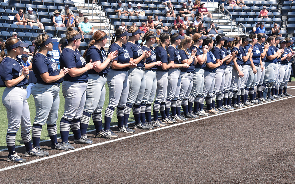 The Greyhounds during the starting lineups versus No.1 Salisbury (Md.) University in the opening game of the 2023 NCAA Division III Championship Finals at East Texas Baptist University. Photo by Christine Fox